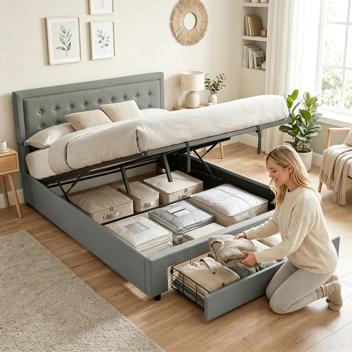 PU Leather King Bed Frame with Storage and Adjustable Headboard, Grey