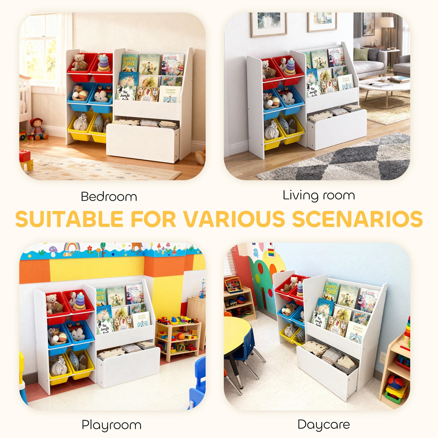 Toy Storage Unit, Childrens Bookcase with 6 Bins, Multicoloured