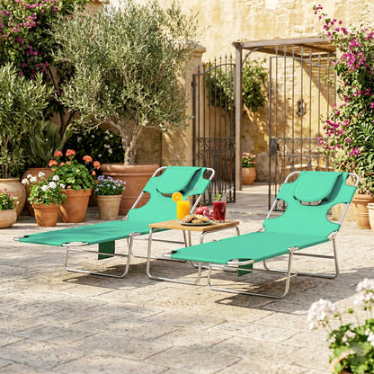 2 Sun Loungers with Reading Hole, Folding Garden Lounger, Green
