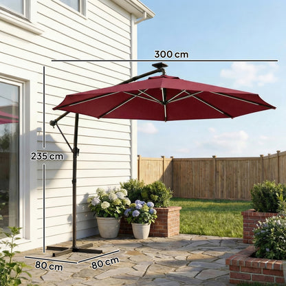 3 m Garden Cantilever Parasol with Solar Light, Rotation, Wine Red
