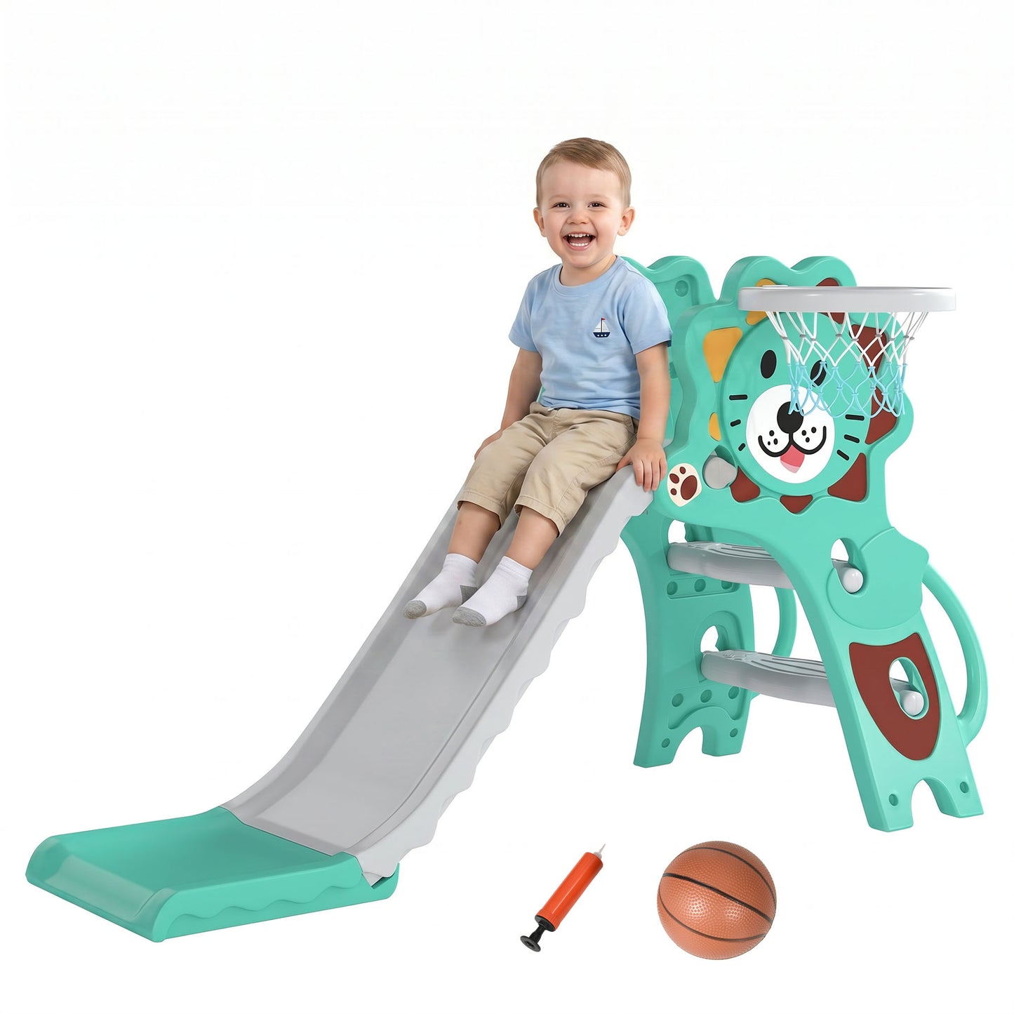 3 in 1 Kids Slide for Indoor with Basketball Hoop - Blue