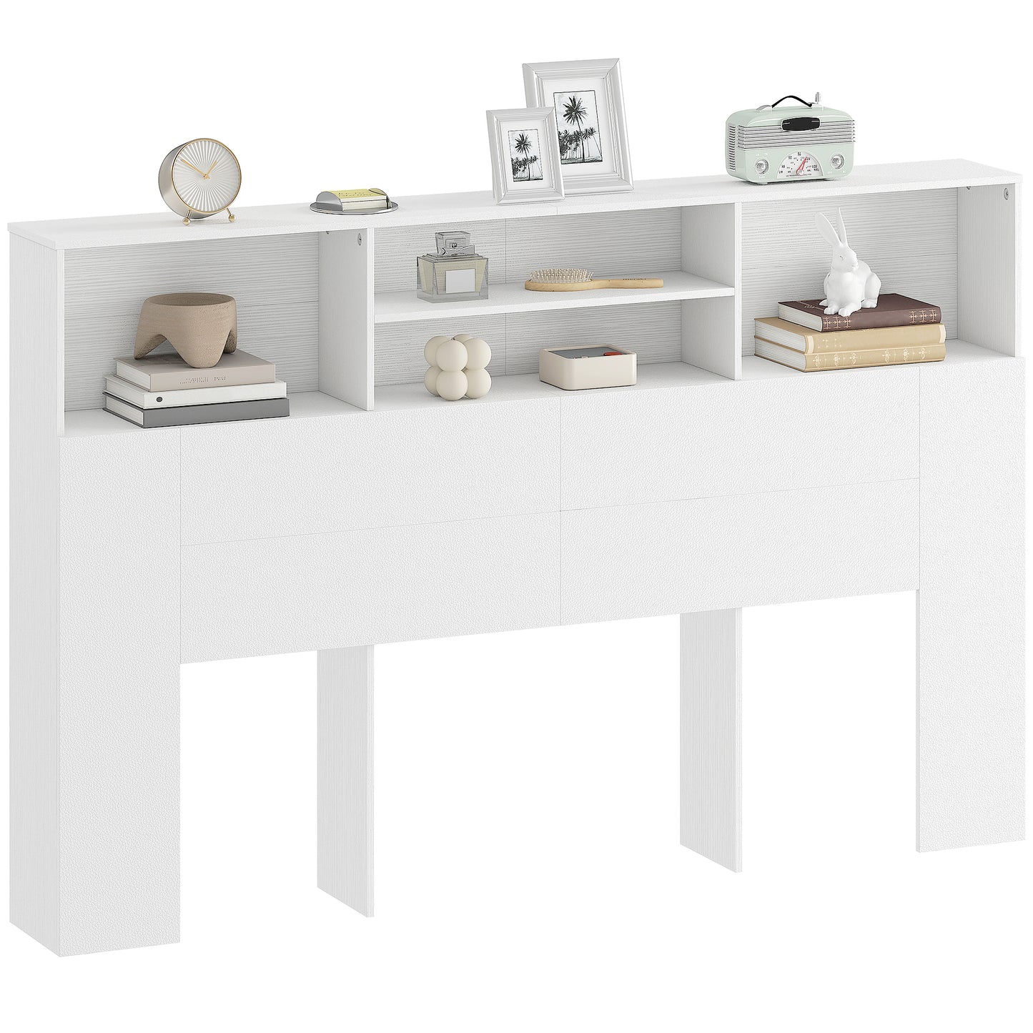 King Size Headboard with Storage and 4 Open Compartments, White