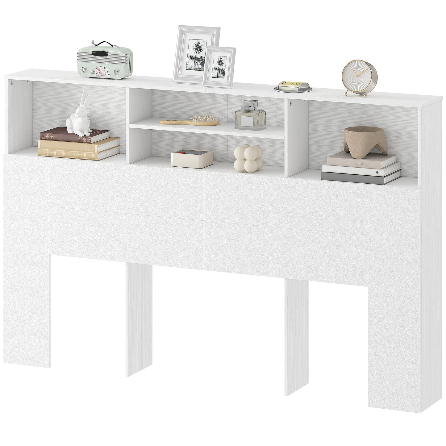 King Size Headboard with Storage and 4 Open Compartments, White