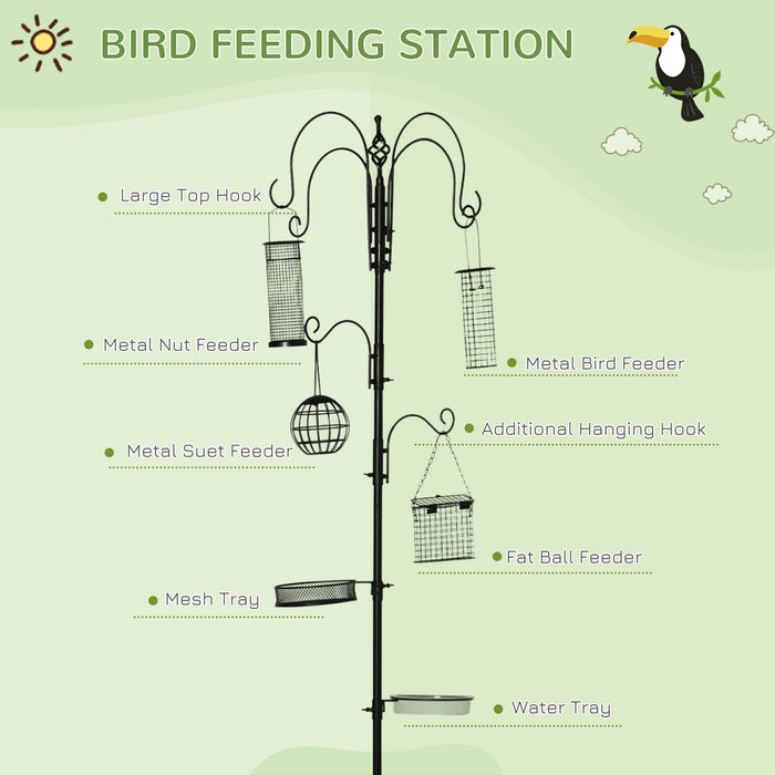 Bird Feeding Station Kit, Wild Bird Feeder Pole with 6 Hooks, 4 Hanging Feeders for Peanuts, Seed, Fat Balls, for Garden, Outdoor, Black