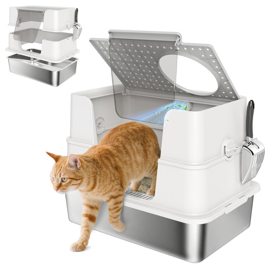 Stainless Steel, XL Cat Litter Tray, Dual Entry, Light Grey