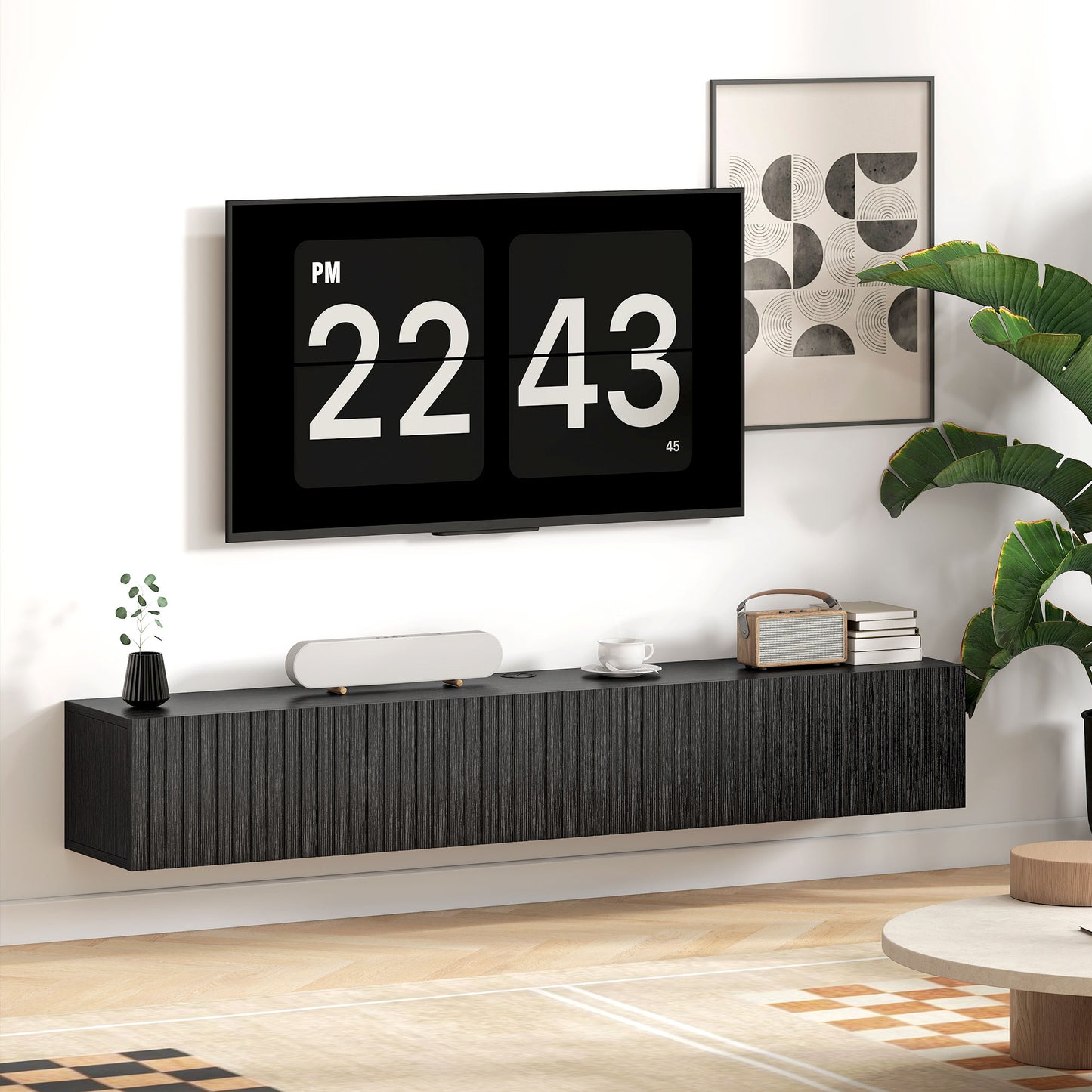 Wall Mount TV Stand Cabinet with Fluted Flip-Down Doors
