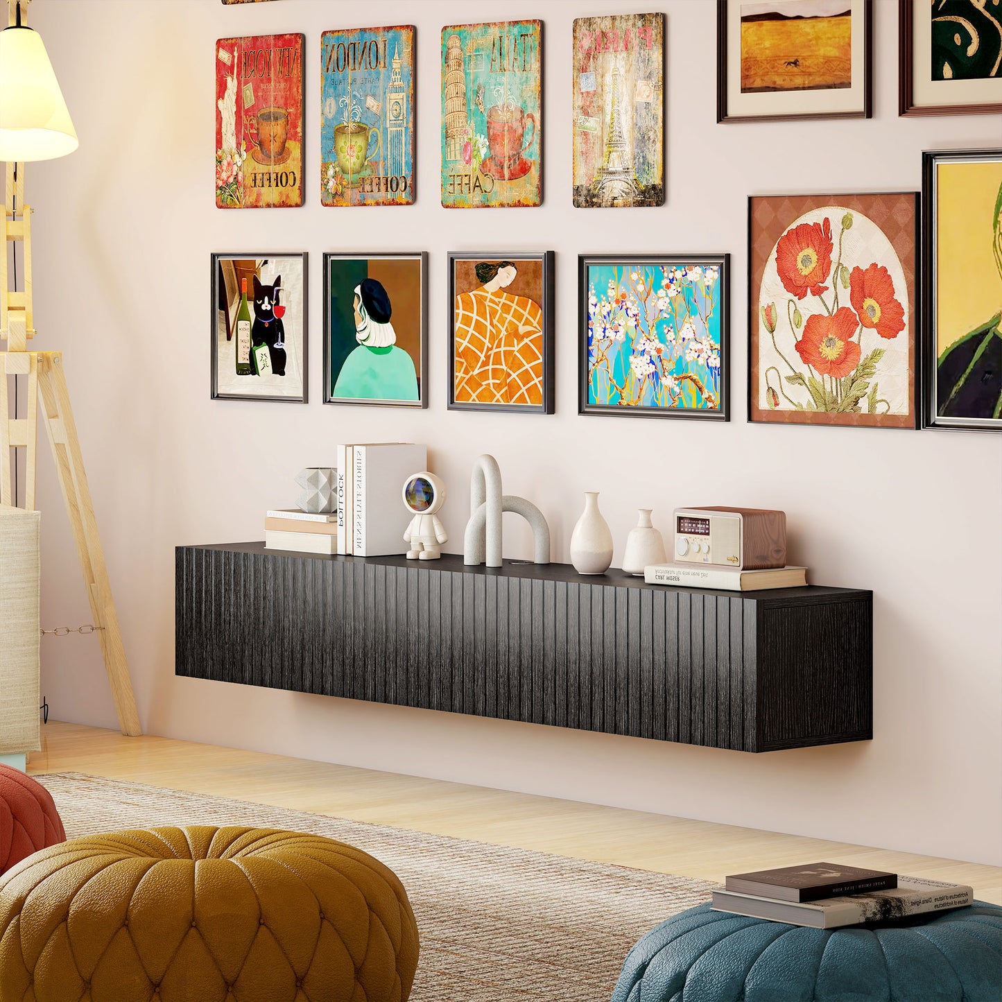 Wall Mount TV Stand Cabinet with Fluted Flip-Down Doors