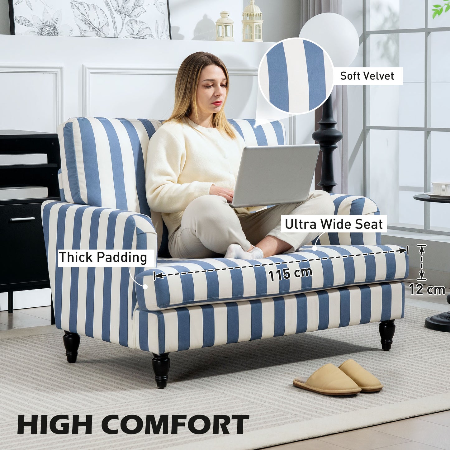 Cuddle Chair with Stripe, Armchair for Living Room, Blue and White
