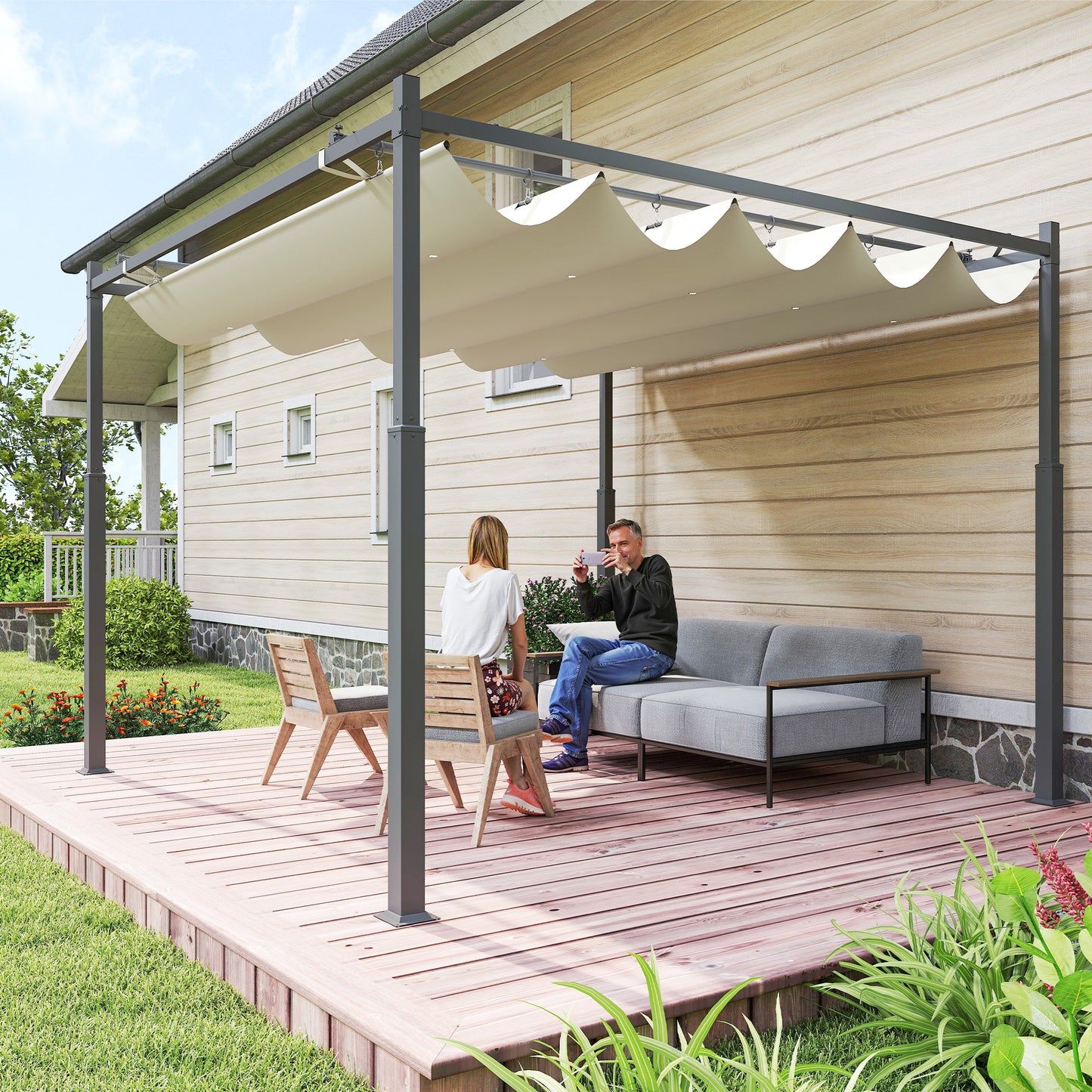 3 x 3(m) Pergola with Retractable Roof, 80mm Metal Column, White