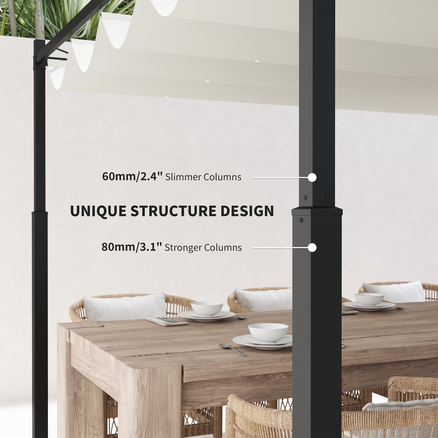 3 x 3(m) Pergola with Retractable Roof, 80mm Metal Column, White