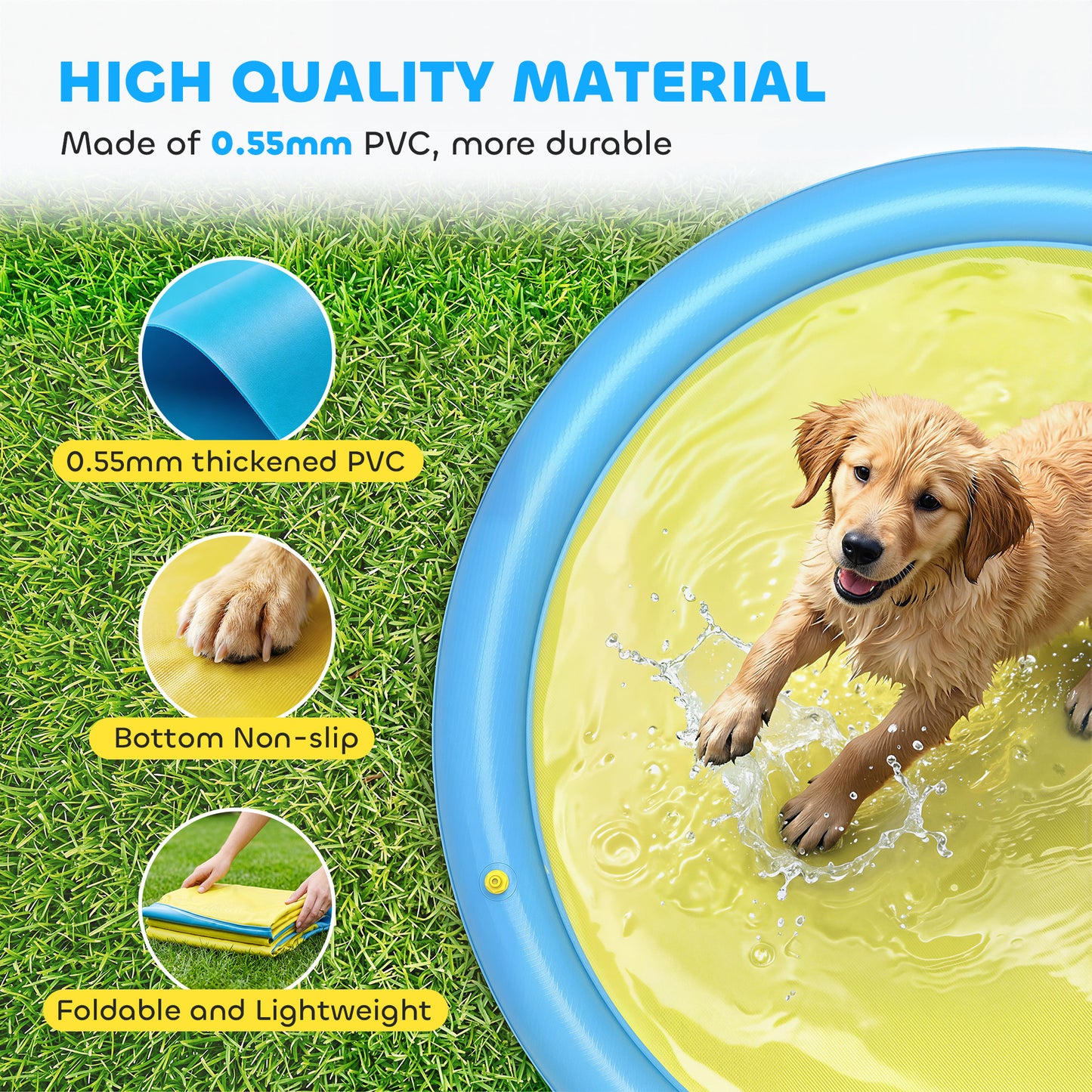 Dog Splash Pad, Pet Sprinkler Mat, Non-Slip Dog Paddling Pool, Foldable Outdoor Sprinkler and Splash Mat Water Play for Garden, Patio, Summer Fun, 170 cm, Yellow