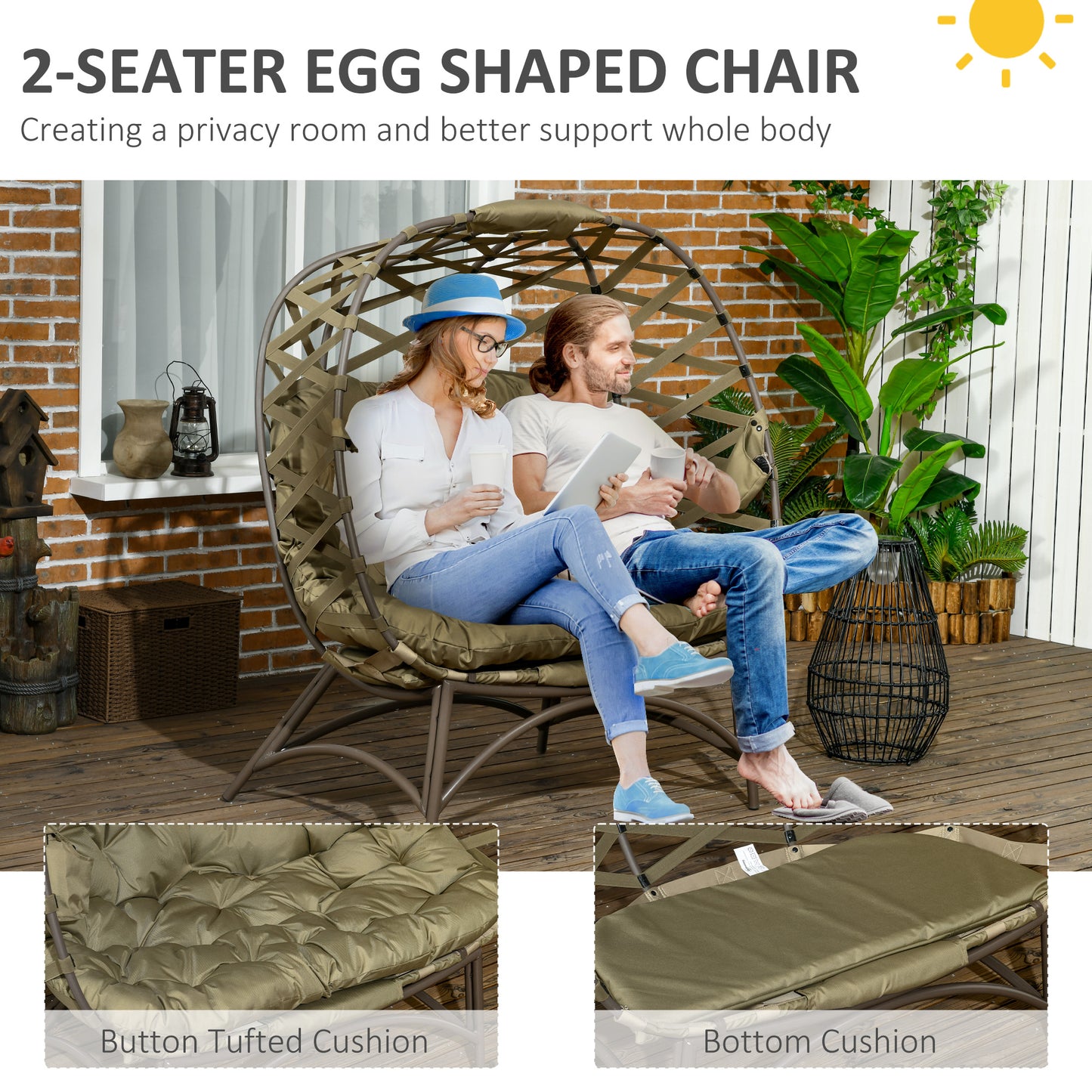 2 Seater Egg Chair Outdoor, Folding Weave Garden Furniture Chair with Cushion, Cup Pockets - Khaki