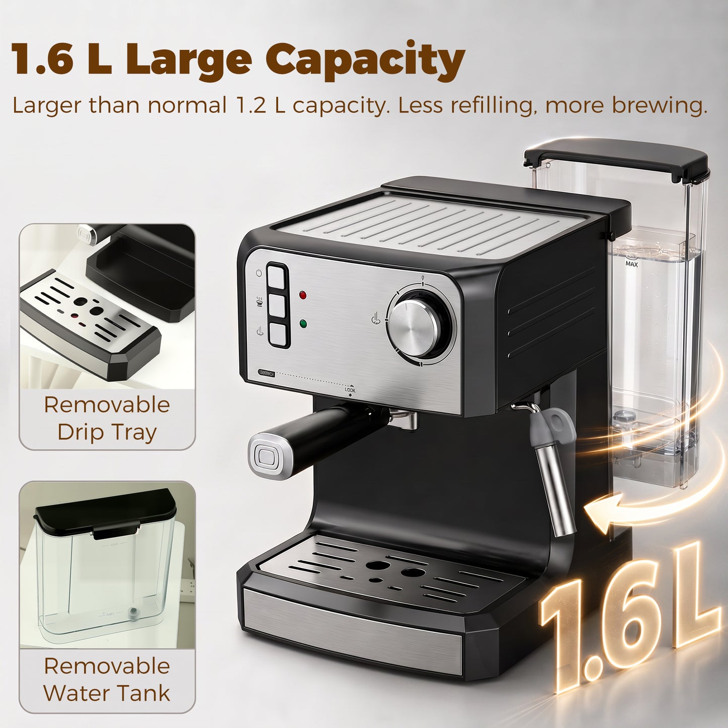 Espresso Machine, 20-Bar, 1.6 L Tank, Black