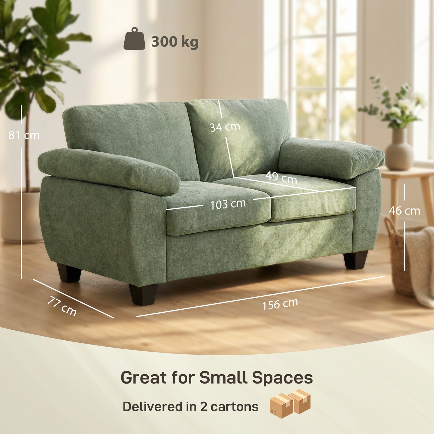 2 Seater Sofa, Chenille Small Sofa with Spring Cushions, Dark Green