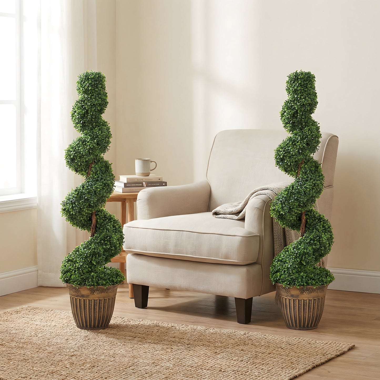 Set of 2 Potted Artificial Plants, Topiary Spiral Boxwood Trees