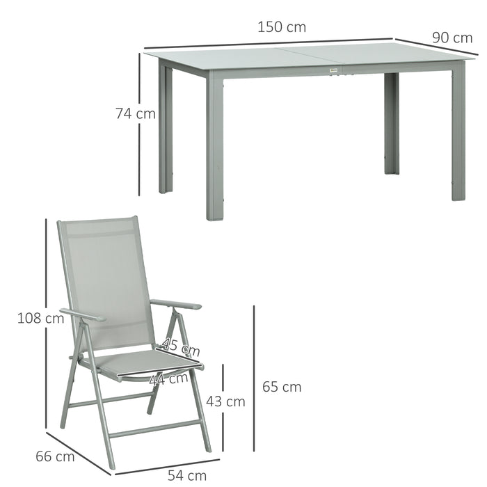 7 Piece Garden Dining Set, Outdoor Table and 6 Folding and Reclining Chairs, Aluminium Frame, Tempered Glass Top Table, Texteline Seats, Grey