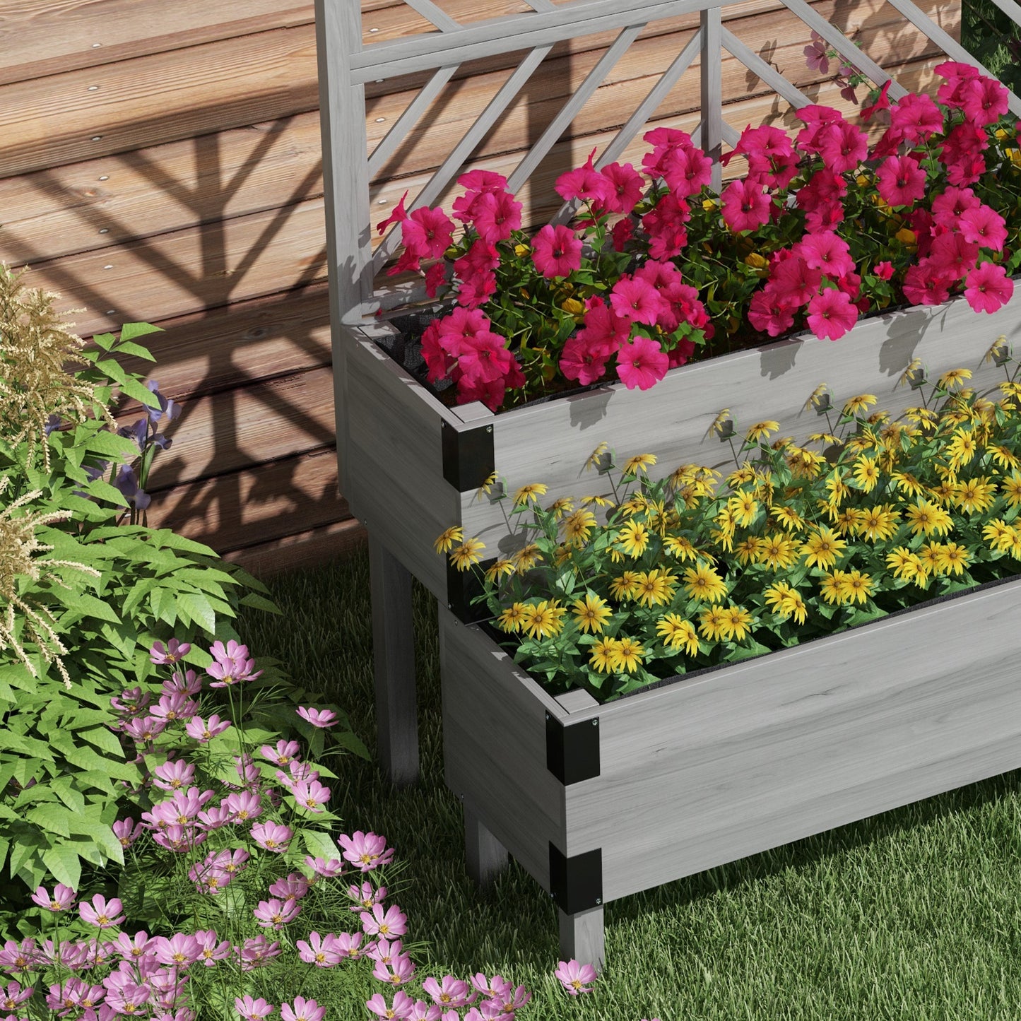 2-Tier Wooden Raised Bed with Trellis, Elevated Garden Planter