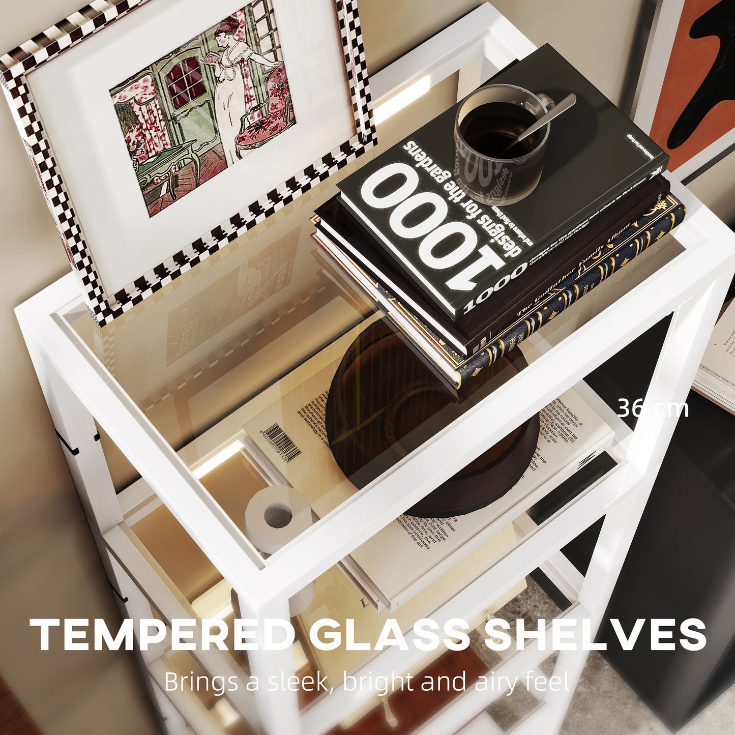 LED Floor Lamp with Glass Shelves, Dimmable Room Lamp, White