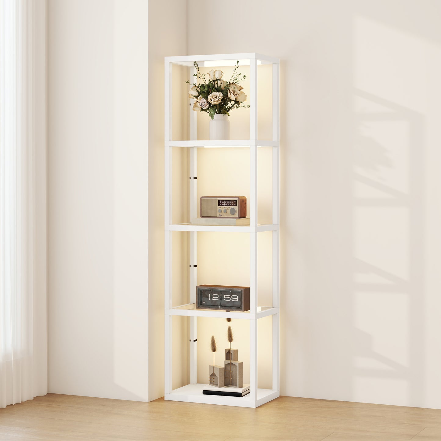 LED Floor Lamp with Glass Shelves, Dimmable Room Lamp, White