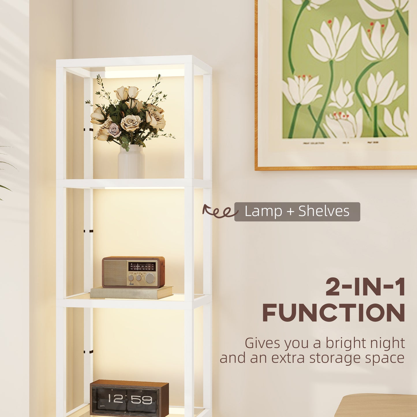 LED Floor Lamp with Glass Shelves, Dimmable Room Lamp, White