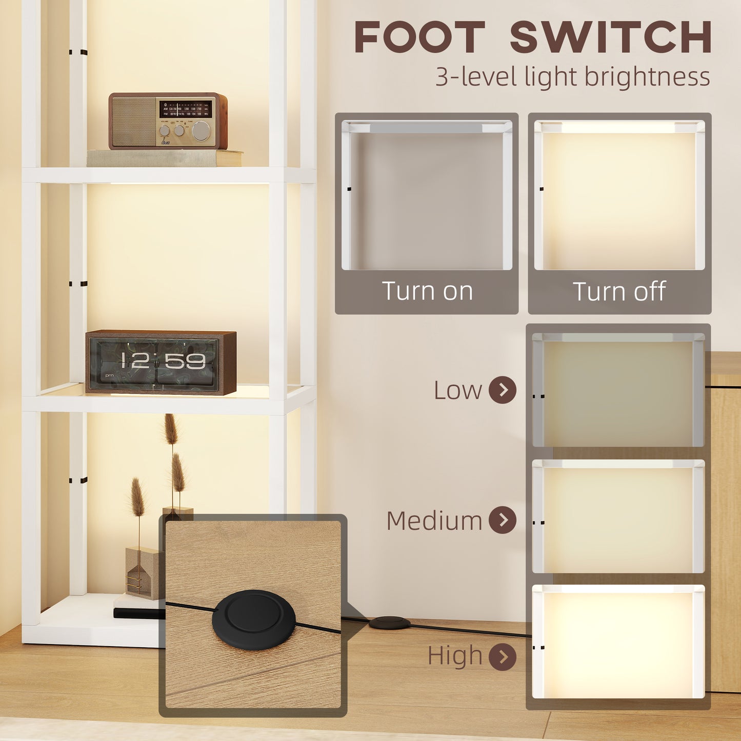 LED Floor Lamp with Glass Shelves, Dimmable Room Lamp, White