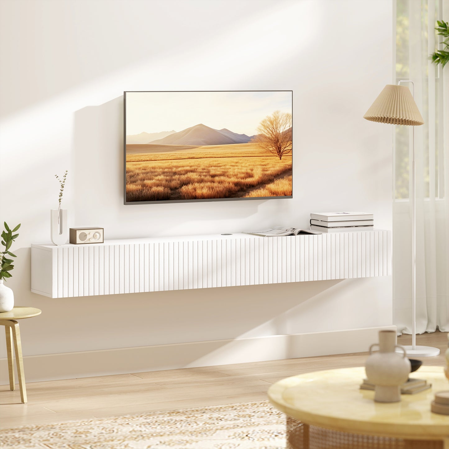 Wall Mount TV Stand Cabinet with Fluted Flip-Down Doors