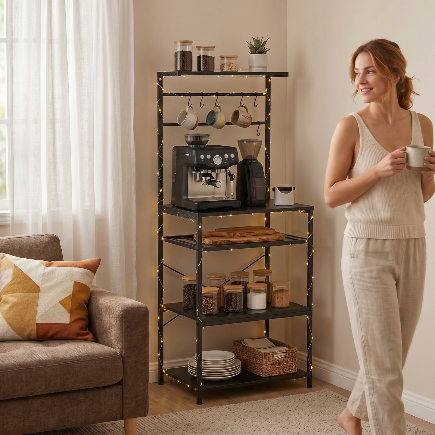 Freestanding Shelving Unit with 6 Hooks and Wine Rack, Black
