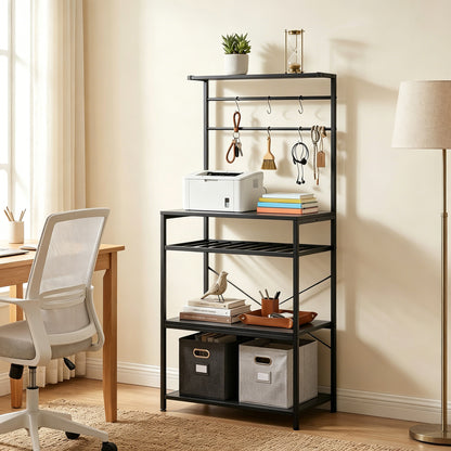 Freestanding Shelving Unit with 6 Hooks and Wine Rack, Black