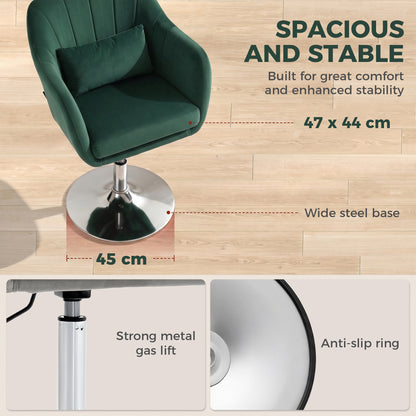 Swivel Accent Chair, Velvet Fabric Tub Vanity Chair, Modern Armchair with Adjustable Height and Lumbar Support for Living Room Bedroom Salon Make up Room Dressing Table, Dark Green