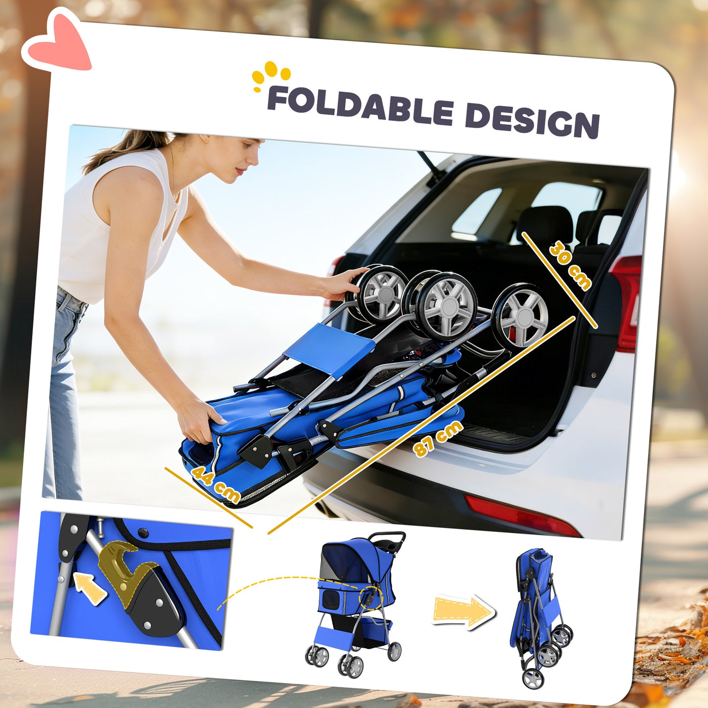 Dog Pram, Foldable Pet Stroller for Small Miniature Dogs Cats, Pet Buggy Pushchair with 360° Swivel EVA Wheels, Brake, Reflective Strips, Mesh Windows, Washable Cushion, Blue