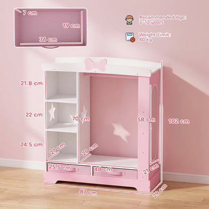 Kids Wardrobe, Children Dress Up Storage with Lighted Mirror, Pink