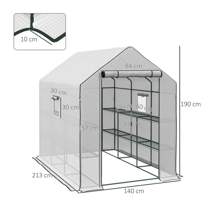 Walk-in Greenhouse w/ 3 Tier Shelves, Green House Garden Grow House w/ PE Cover, Roll-up Door, Mesh Windows, 140 x 213 x 190cm, White