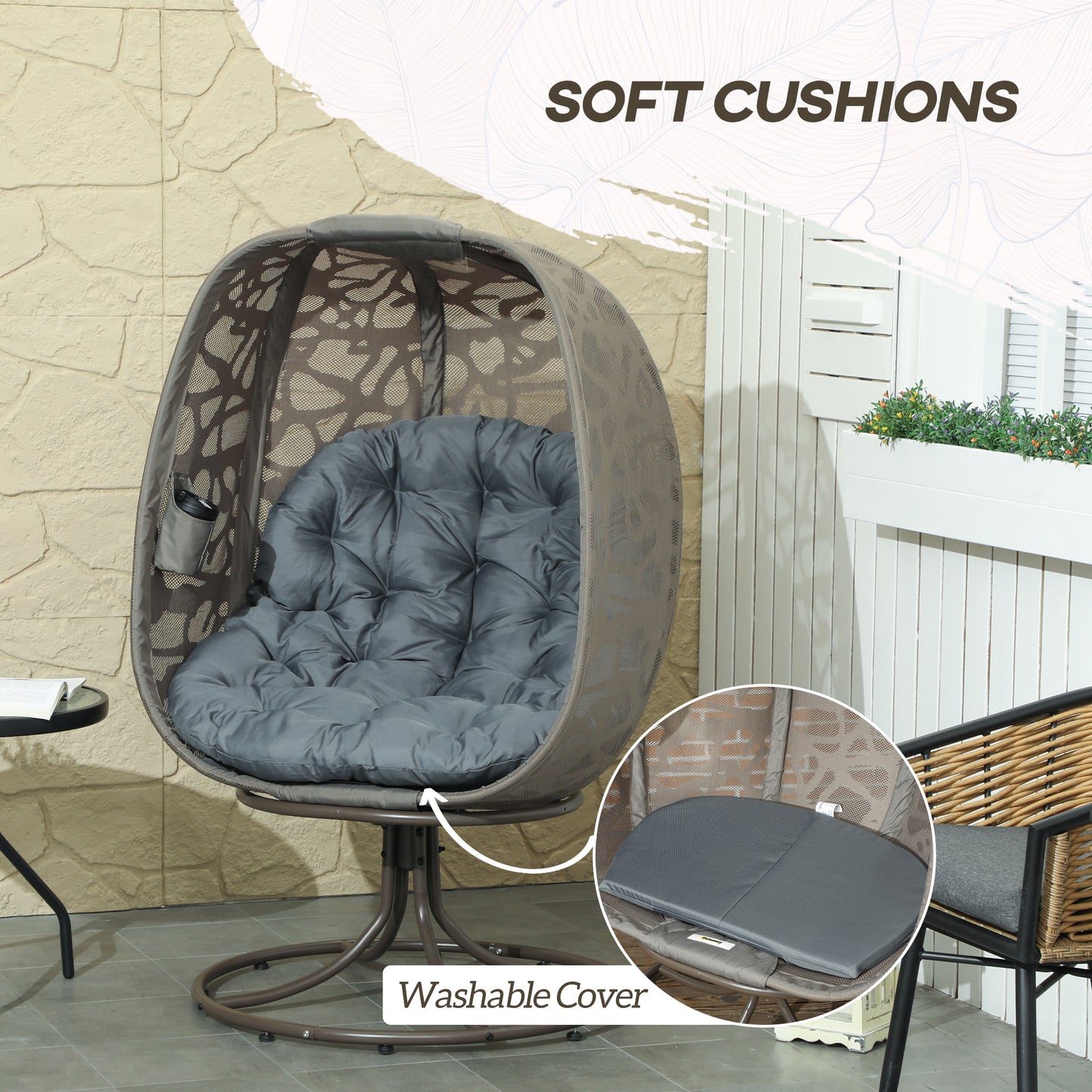 Foldable Egg Chair with Cushions, Indoor Outdoor Swivel Lounger, Grey
