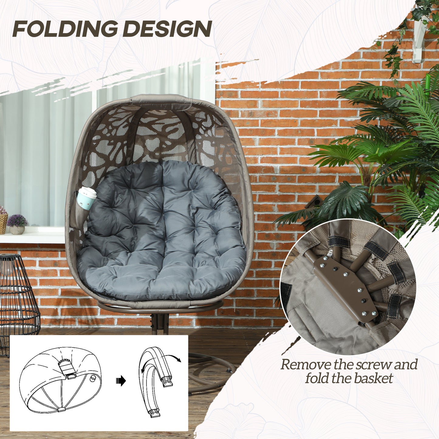 Foldable Egg Chair with Cushions, Indoor Outdoor Swivel Lounger, Grey