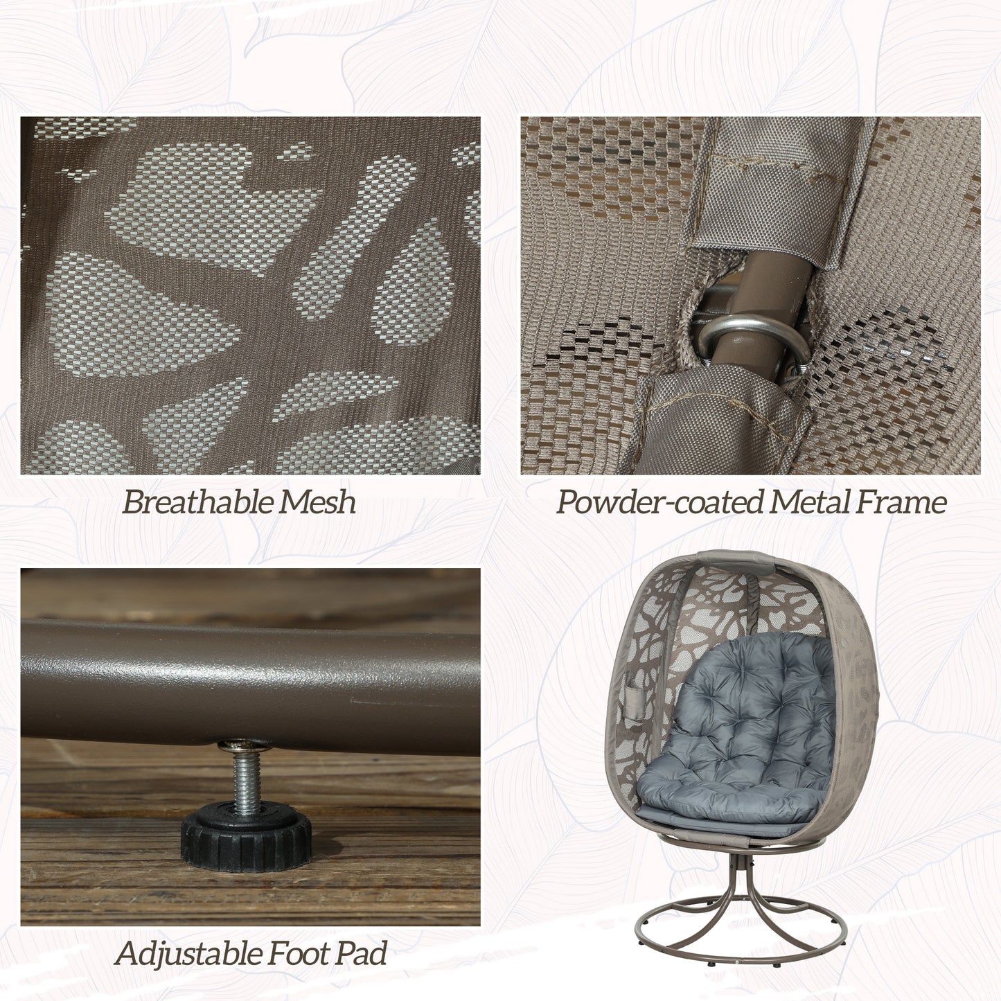 Foldable Egg Chair with Cushions, Indoor Outdoor Swivel Lounger, Grey