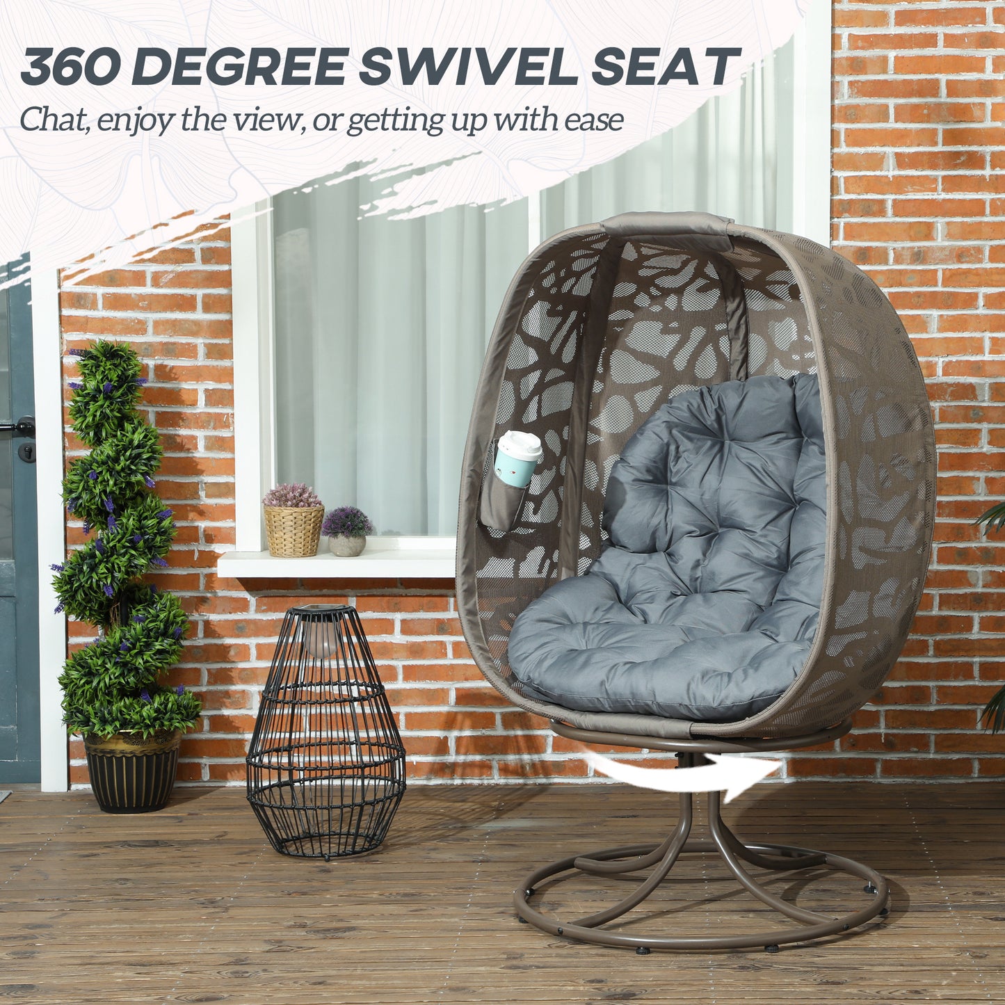 Foldable Egg Chair with Cushions, Indoor Outdoor Swivel Lounger, Grey
