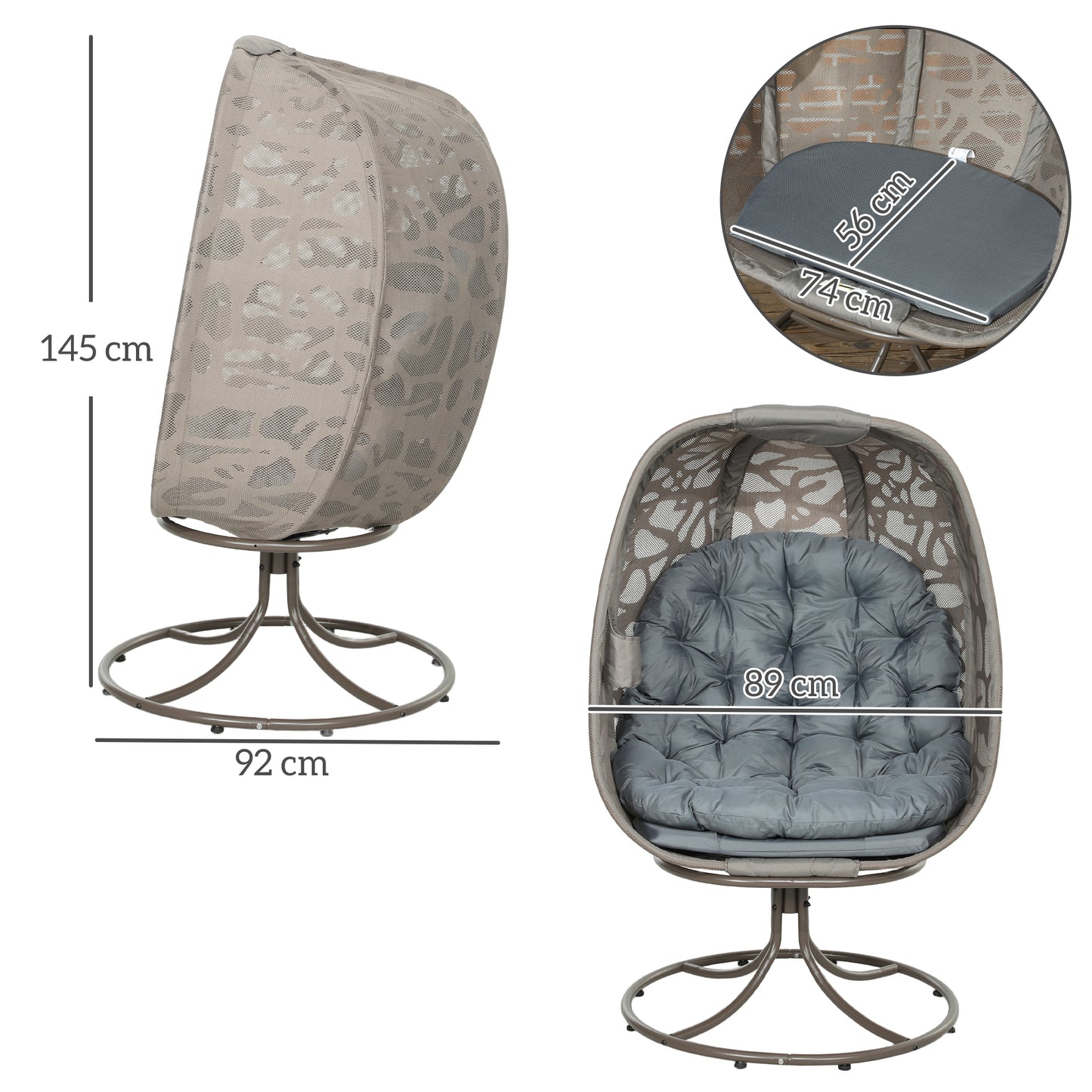 Foldable Egg Chair with Cushions, Indoor Outdoor Swivel Lounger, Grey