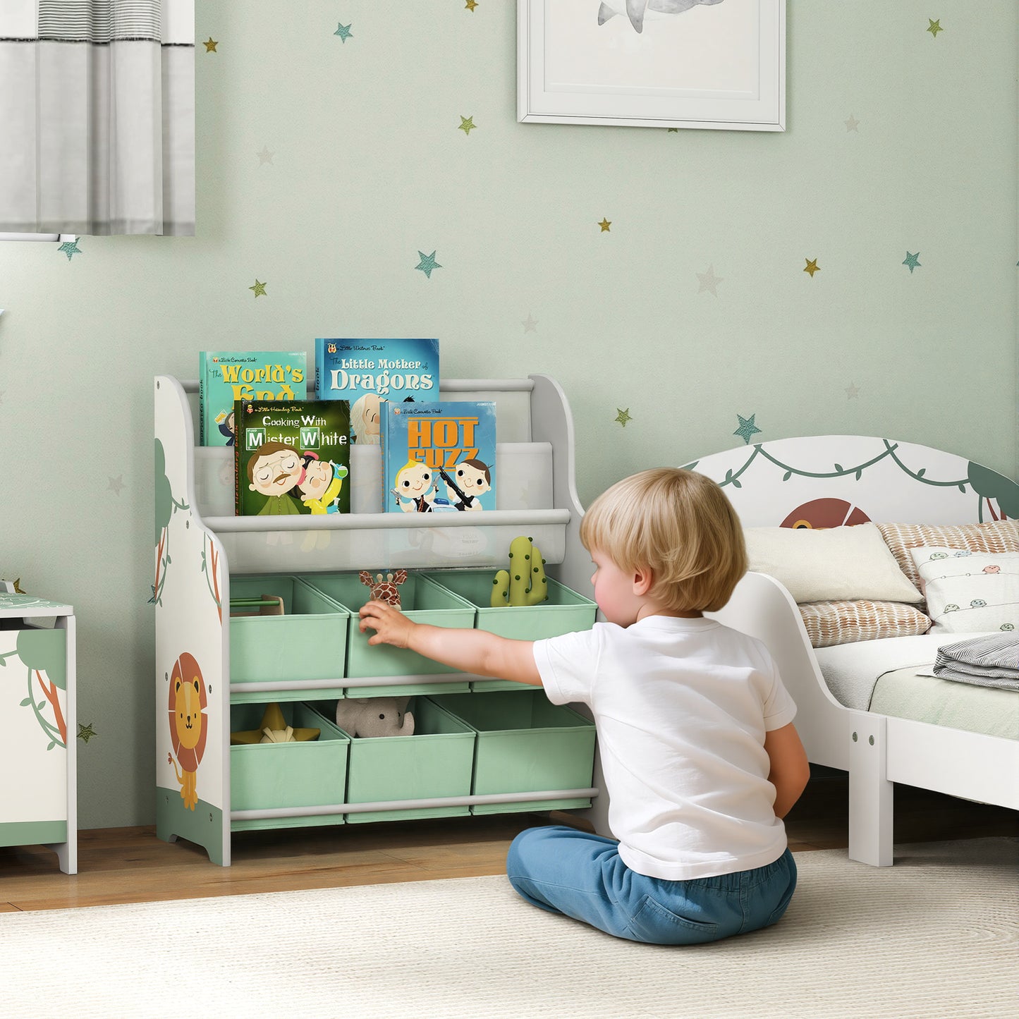 Kids Storage Unit with 6 Fabric Drawers & 2-Tier Sling Rack, Green