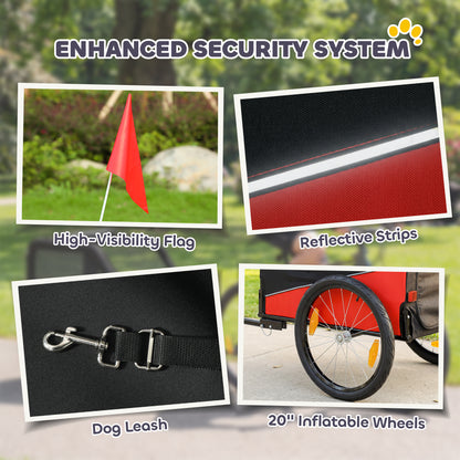 Dog Bike Trailer, Pet Cart Bicycle Carrier for Small and Medium Pets with 20" Inflatable Rubber Wheels, Universal Bicycle Coupler, Reflectors, Flag, Internal Leash, Support Up to 20kg, Red