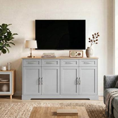 Sideboard with 4 Drawers, 4 Doors and 2 Adjustable Shelves, Grey
