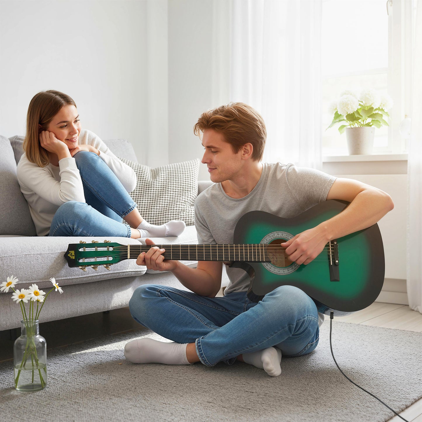 Beginner Acoustic Electric Cutaway Guitar Adult Junior Guitar, Green