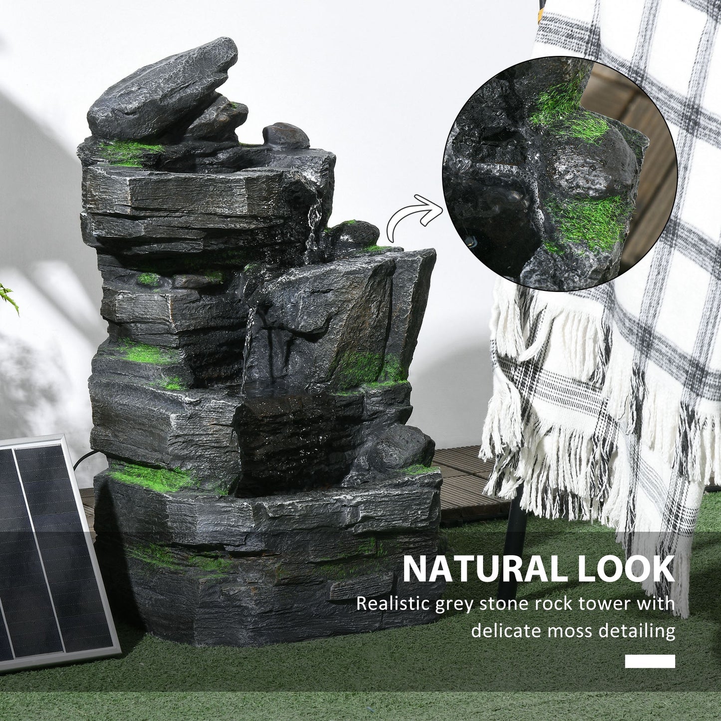 Garden Fountain, Outdoor Water Feature With LED Light, Dark Grey