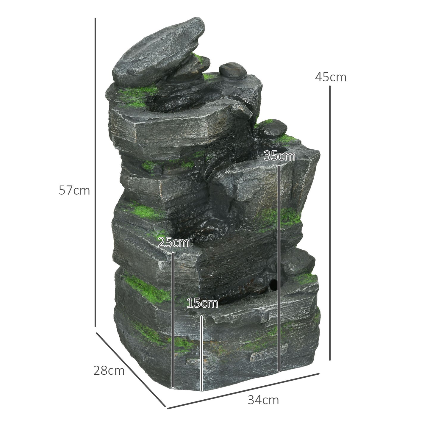 Garden Fountain, Outdoor Water Feature With LED Light, Dark Grey