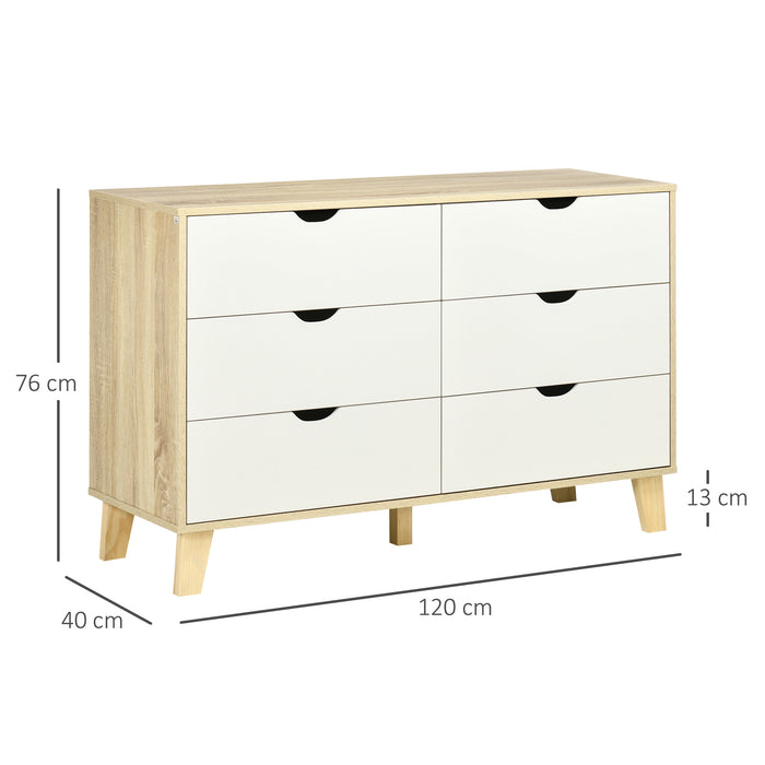 Wide Chest of Drawers, 6-Drawer Storage Organiser Unit with Wood Legs for Bedroom, Living Room, White and Brown