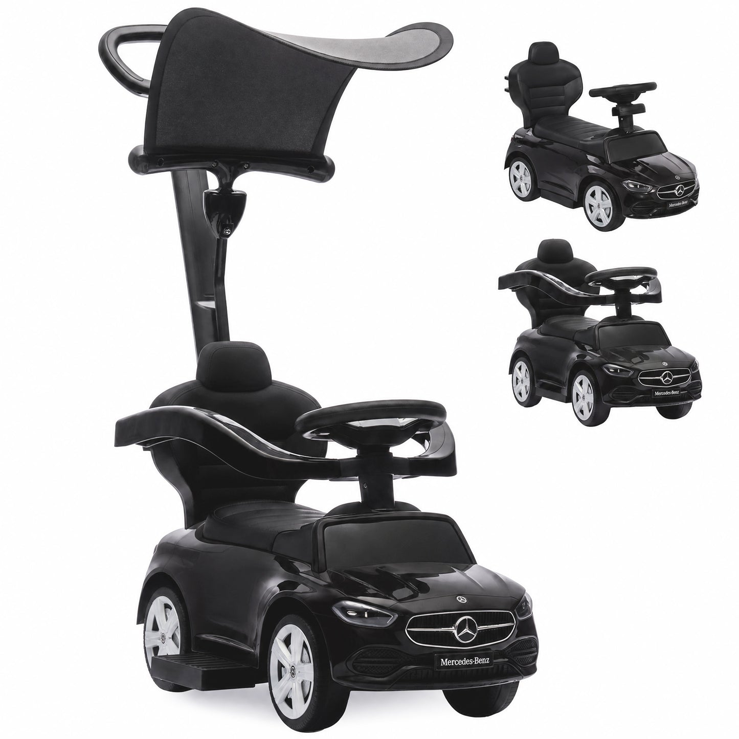 3 in 1 Licensed Mercedes-Benz Ride on Push Car with Canopy, Black
