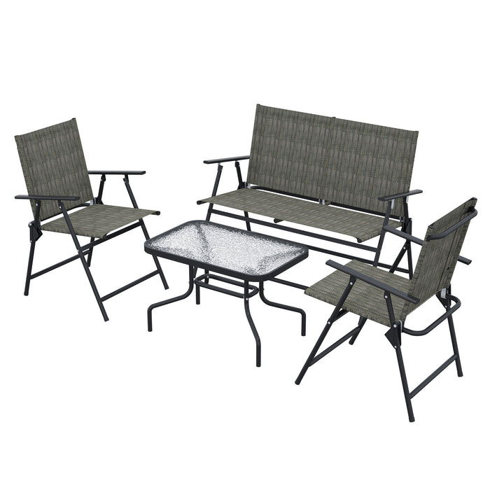 4 Pcs Patio Furniture Set w/ Breathable Mesh Fabric Seat, Backrest, Garden Set w/ Foldable Armchairs, Loveseat, Glass Top Table, Mixed Brown