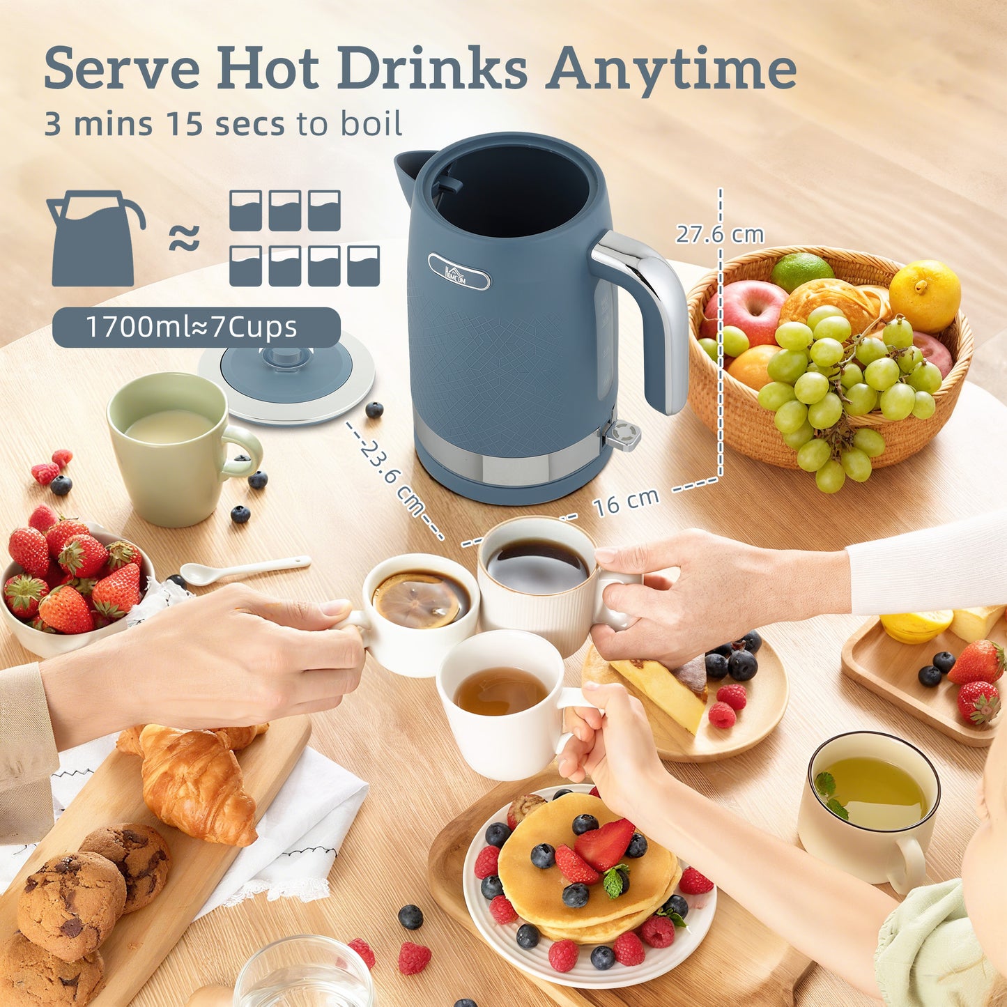 3000W Rapid Boil Kettle and Toaster Set with Otter Thermostat, Blue