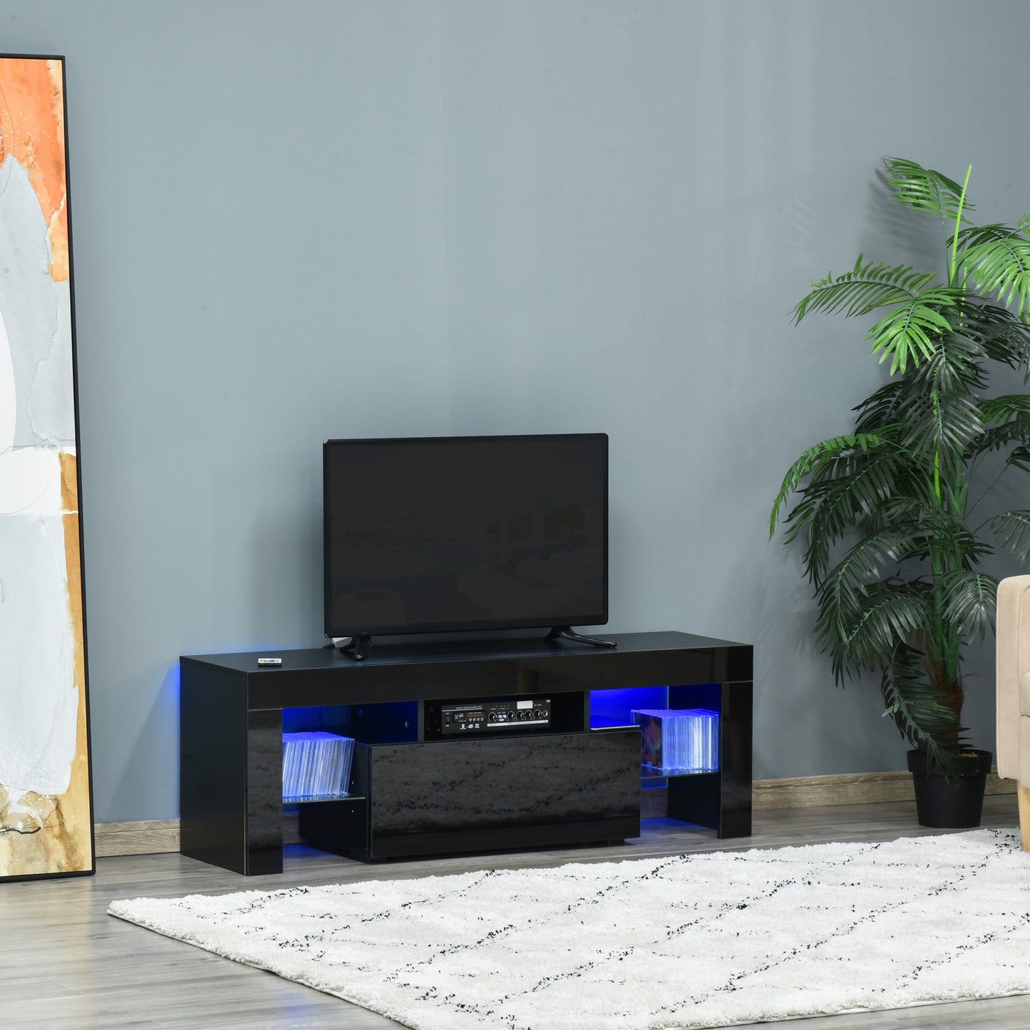 High Gloss TV Stand Cabinet with LED RGB Lights and Remote Control for 43"/50"/55" TV, Media TV Console Table with Storage Drawer and Shelf