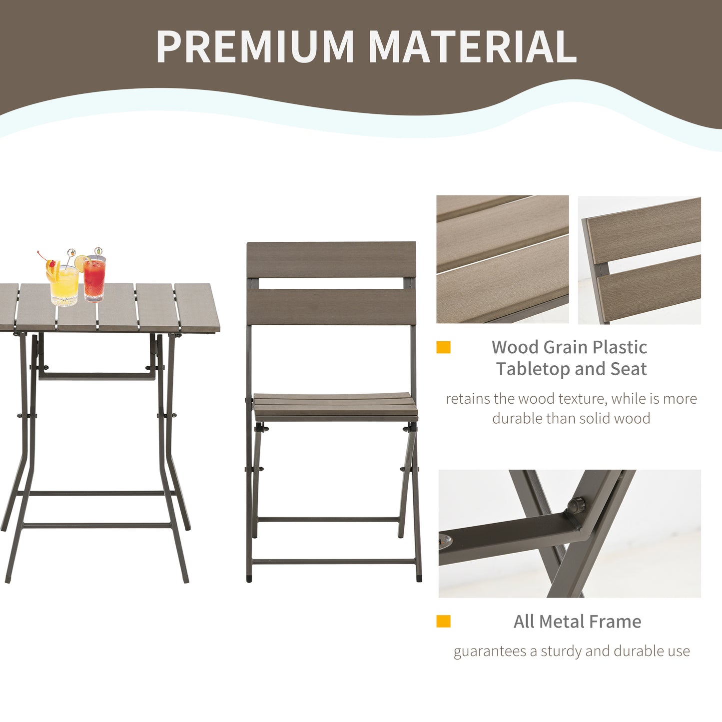 3 PCS Foldable Garden Bistro Set Folding Table And Chairs Set, Grey