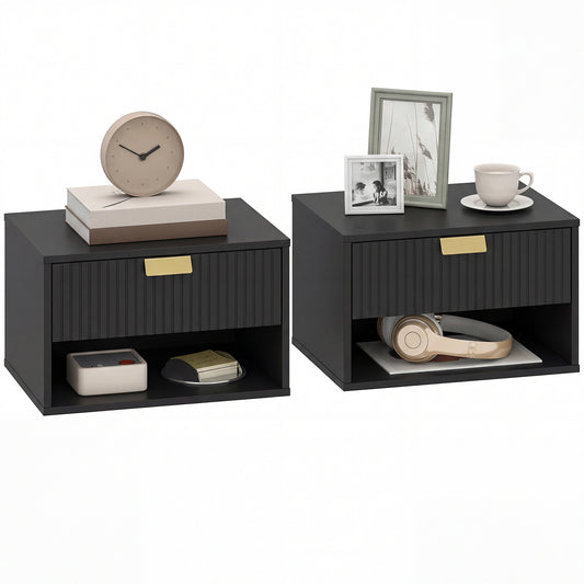 Floating Bedside Tables Set of 2 with Fluted Drawer Open Shelf Black